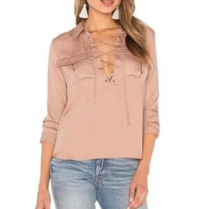 L'Academie Revolve Safari Blouse Camel Lace Up Tie Front Satin long sleeve XS